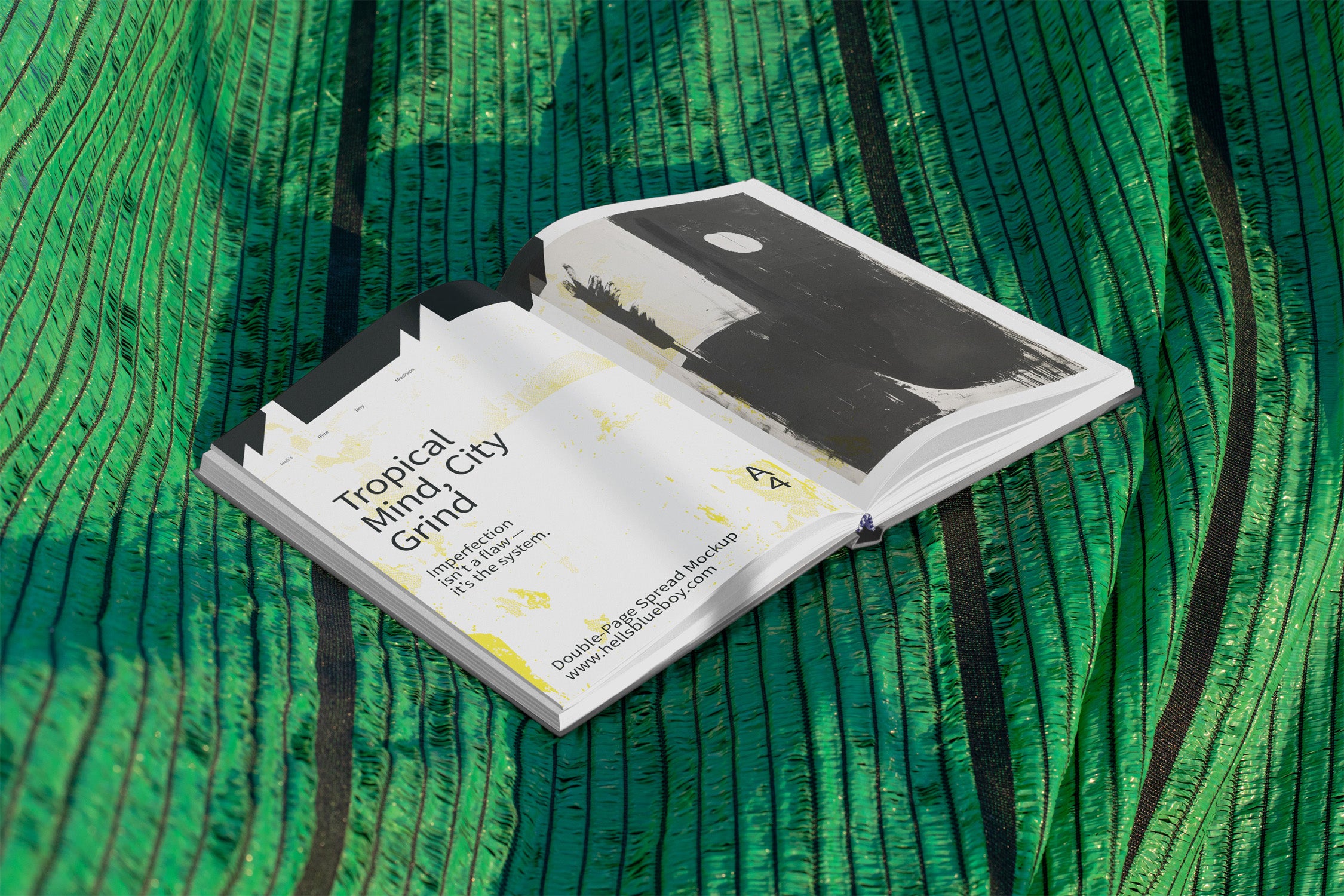 Hardcover book double-page spread mockup set against a green mesh plastic background used for outdoor shading in Thailand. Ideal for editorial layouts.