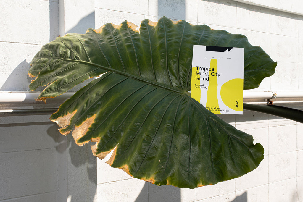 Outdoor poster mockup placed between large elephant ear leaves.