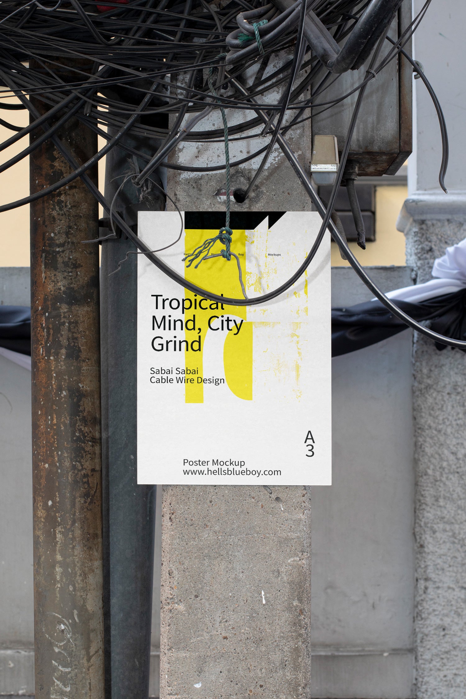 Poster mockup with cable wires hanging from top.