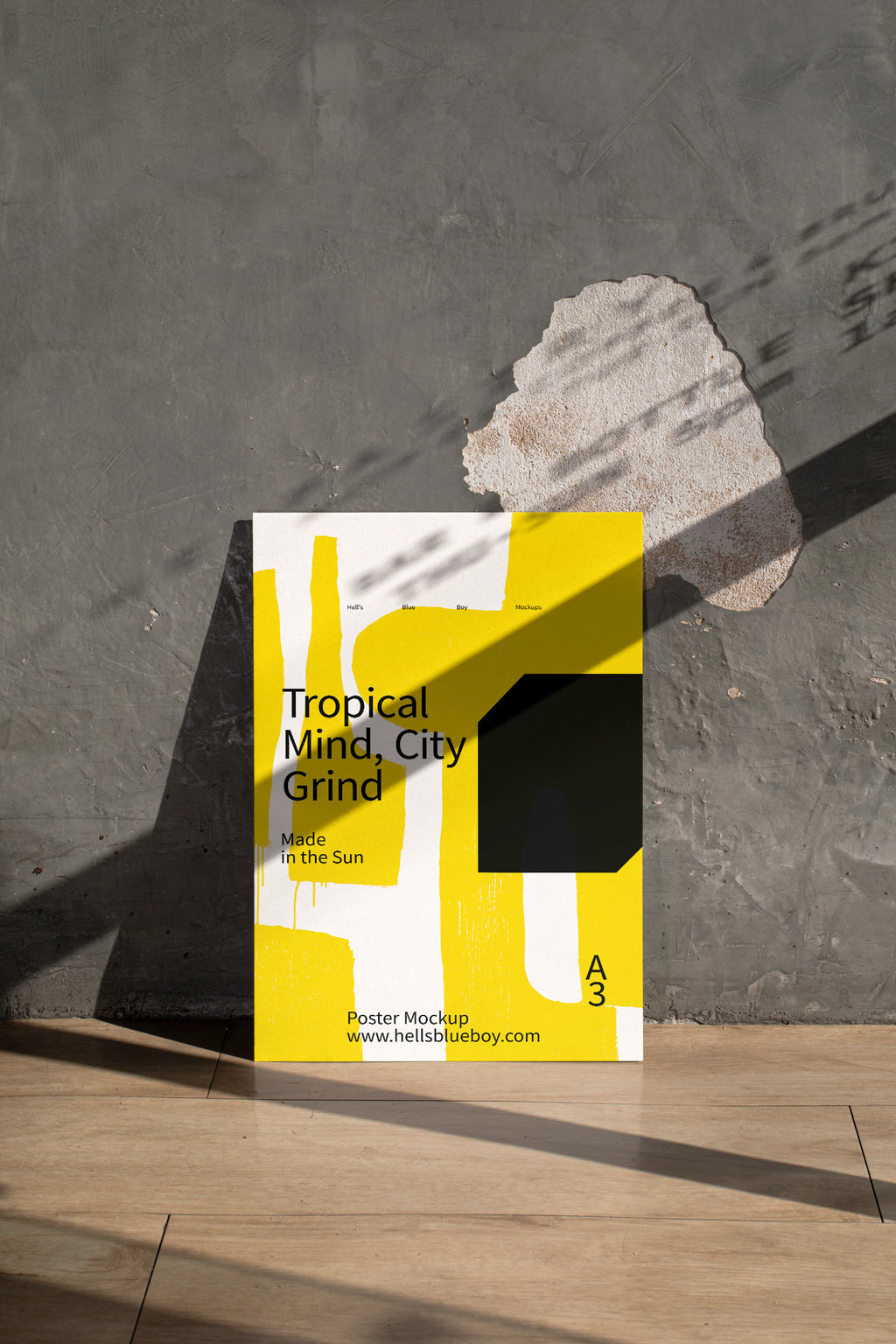 Photorealistic poster mockup leaning against a worn concrete wall with natural shadow play.