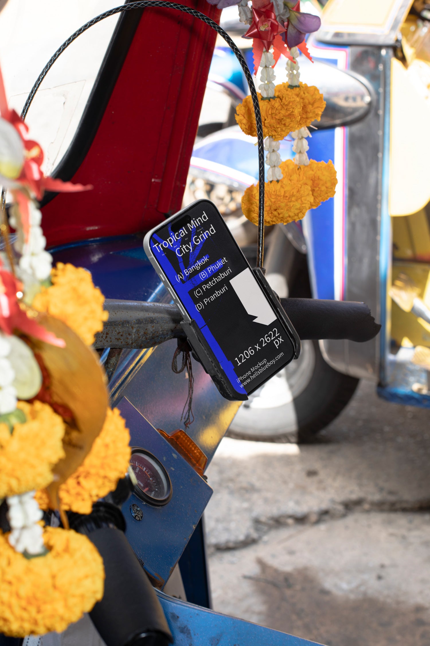 iPhone mockup placed in a mobile phone holder inside a tuk tuk.