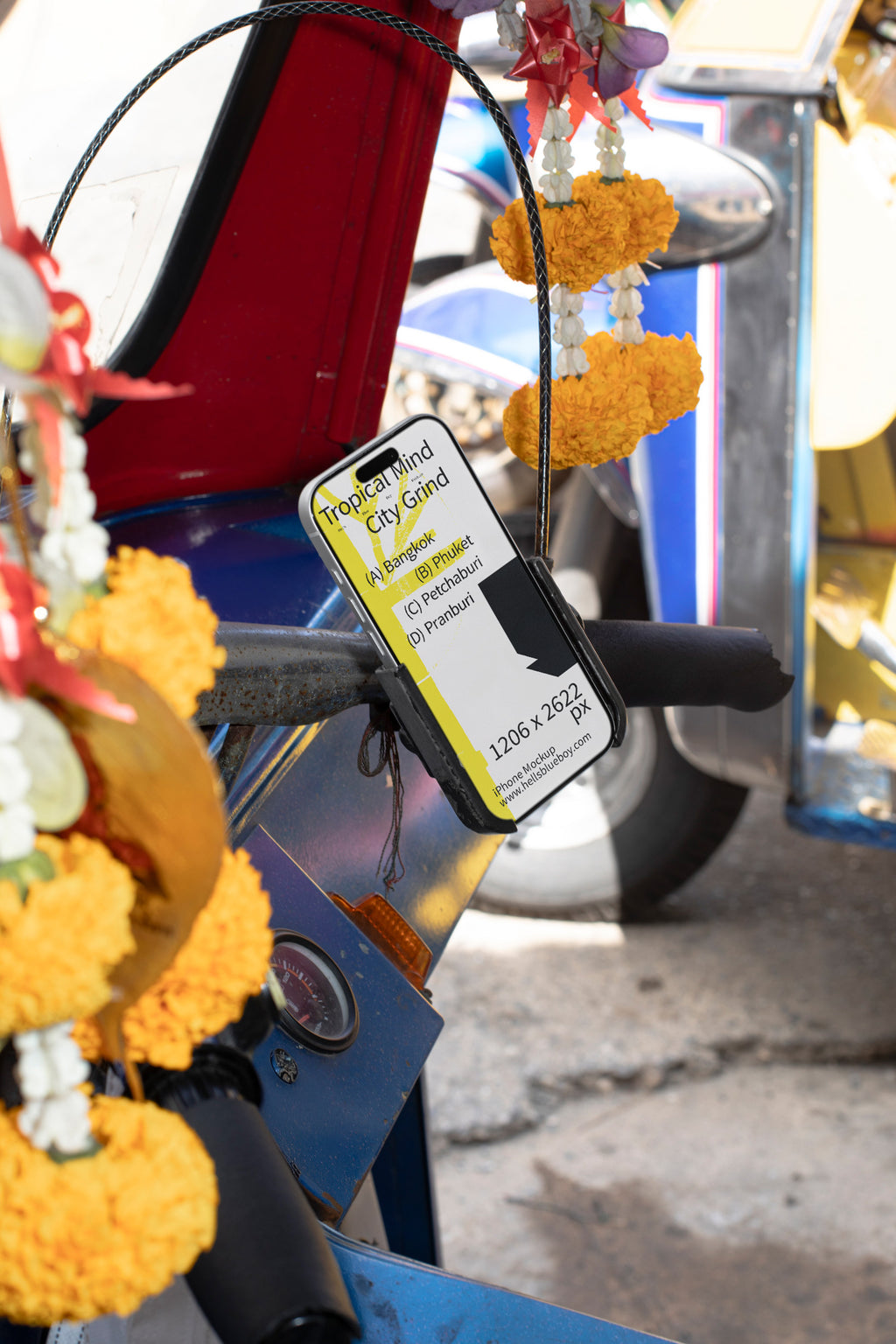 iPhone mockup placed in a mobile phone holder inside a tuk tuk.